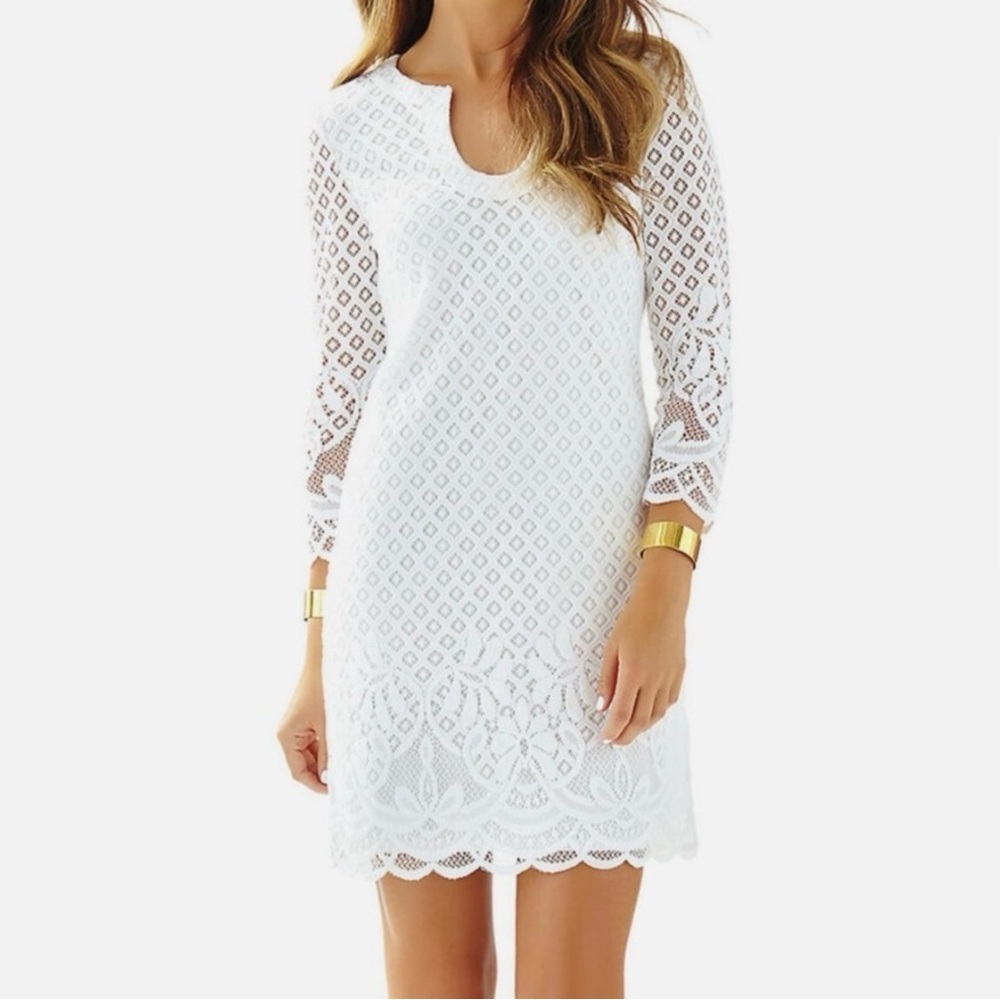 NWT Lilly Pulitzer Mara Paradise Island Engineered White Lace Scallop Hem Dress